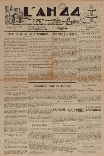 An 44 : organe départemental du mouvement de libération nationale (L'), n°22, 15 avril 1945