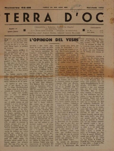 Terra d'Oc, n°65-66, mai-juin 1945