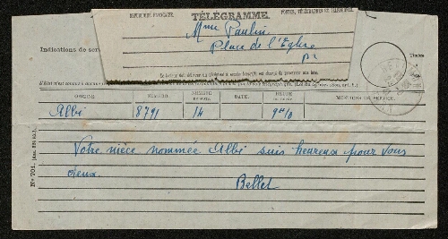 Télégramme de Charles Bellet à Louisa Paulin, le 28 août 1941