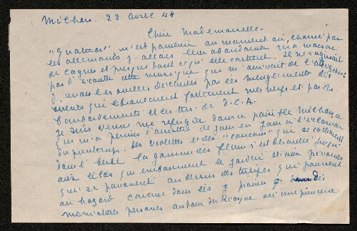 Lettre de Claire Charles-Géniaux à Louisa Paulin, le 22 avril 1944
