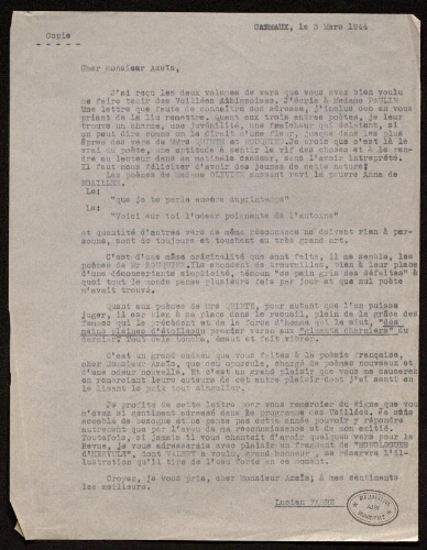 Lettre de Lucien Fabre à Gustave Azaïs, le 3 mars 1944