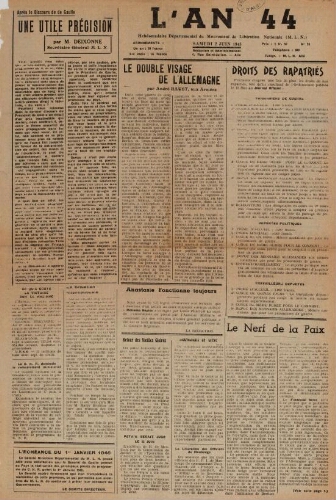 An 44 : organe départemental du mouvement de libération nationale (L'), n°28, 2 juin 1945