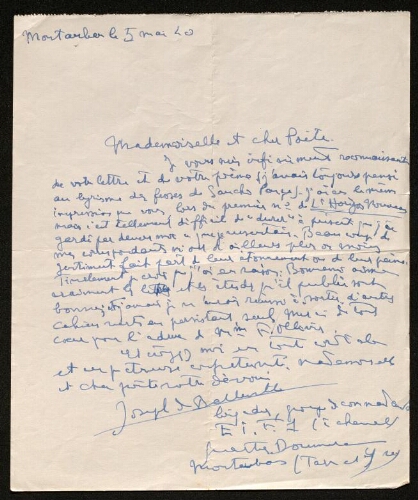 Lettre de Joseph de Belleville à Louisa Paulin, le 5 mai 1940