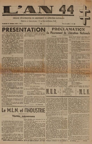 An 44 : organe départemental du mouvement de libération nationale (L'), n°1, 27 octobre 1944