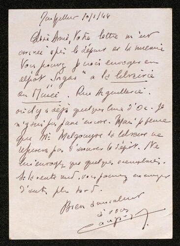 Lettre de Charles Camproux à Louisa Paulin, le 10 janvier 1944