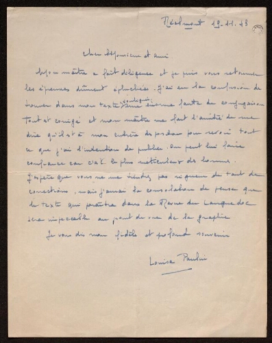 Lettre de Louisa Paulin à Charles Bellet, le 19 novembre 1943