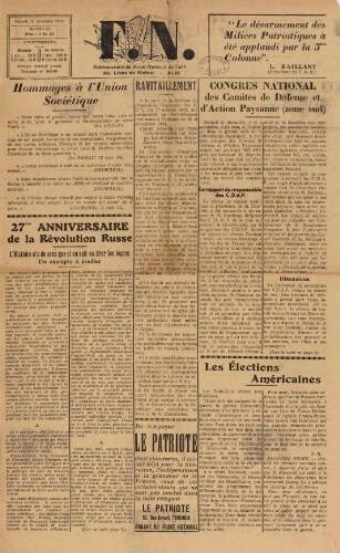 F.N. : hebdomadaire du Front national du Tarn, n°11, 11 novembre 1944