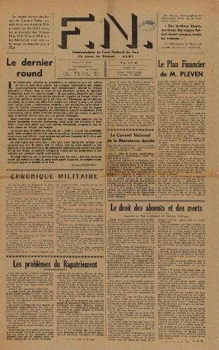 F.N. : hebdomadaire du Front national du Tarn, n°32, 7 avril 1945