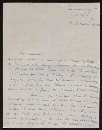Lettre de Pascale Olivier à Louisa Paulin, le 26 juillet 1938