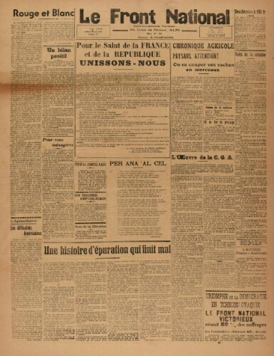 F.N. : hebdomadaire du Front national du Tarn, n°91, 1er juin 1946