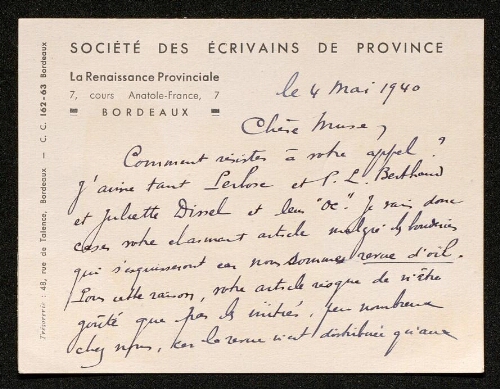 Lettre de la Renaissance Provinciale à Louisa Paulin, le 4 mai 1940