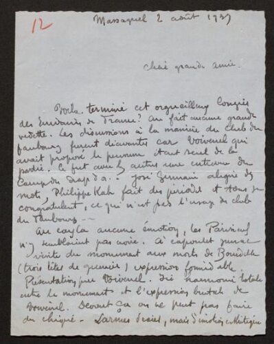 Lettre de René Rouquier à Louisa Paulin, le 2 août 1939