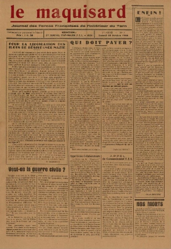 Maquisard : journal des Forces françaises de l'intérieur du Tarn (Le), n°3, 28 octobre 1944