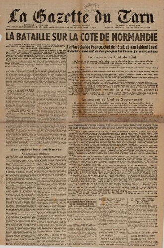 Gazette du Tarn : organe populaire de la défense sociale et des libertés publiques (La), n°2238, 11 juin 1944