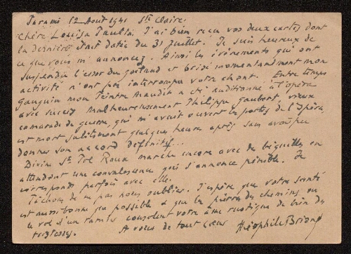 Lettre de Théophile Briant à Louisa Paulin, le 12 août 1941