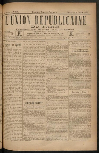 Union républicaine du Tarn (L’), 9 octobre 1892