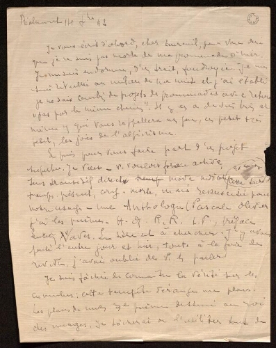 Lettre de Louisa Paulin à Hervé Quinté, le 14 décembre 1942