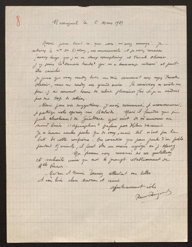 Lettre de René Rouquier à Louisa Paulin, le 5 mars 1939