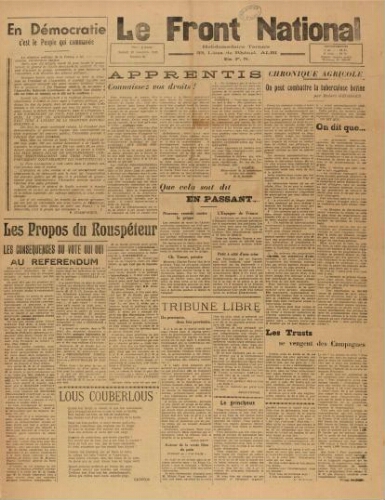 F.N. : hebdomadaire du Front national du Tarn, n°65, 24 novembre 1945