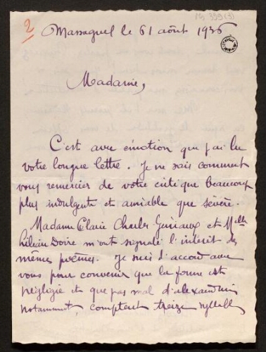 Lettre de René Rouquier à Louisa Paulin, le 16 (?) août 1936