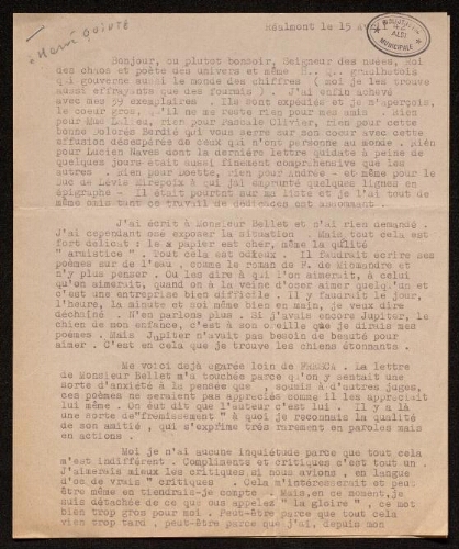 Lettre de Louisa Paulin à Hervé Quinté, le 15 avril 1942