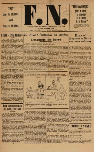 F.N. : hebdomadaire du Front national du Tarn, n°5, 30 septembre 1944