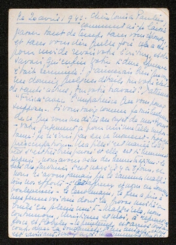 Lettre de Pascale Olivier à Louisa Paulin, le 20 avril 1942