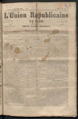 Union républicaine du Tarn (L’), 20 septembre 1851