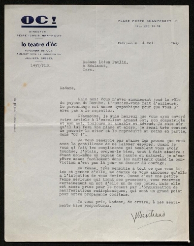 Lettre de la revue Oc à Louisa Paulin, le 4 mai 1940