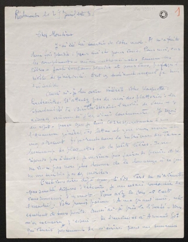 Lettre de Louisa Paulin à René Rouquier, le 29 juillet 1936
