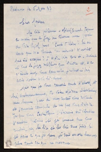 Lettre de Louisa Paulin à Antonin Perbosc, le 6 mars 1937