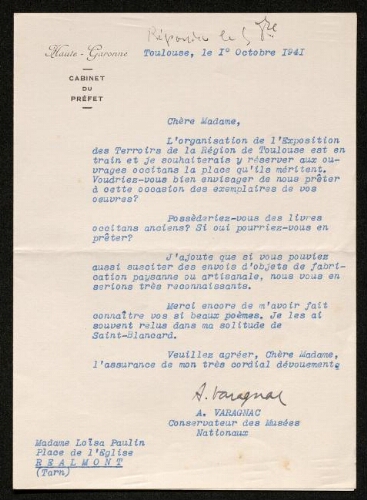 Lettre d'André Varagnac à Louisa Paulin, le 1er octobre 1941