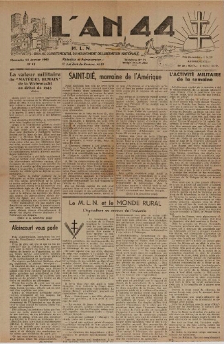 An 44 : organe départemental du mouvement de libération nationale (L'), n°12, 28 janvier 1945
