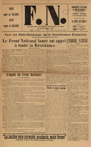 F.N. : hebdomadaire du Front national du Tarn, n°4, 23 septembre 1944