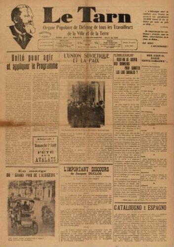 Tarn : Organe populaire de défense des ouvriers, paysans, artisans et petits commerçants (Le), n°27, 10 juillet 1937