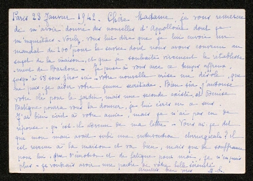 Lettre de G. Labey à Louisa Paulin, le 23 janvier 1942