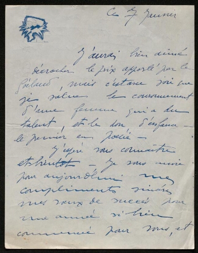 Lettre de Claude Chardon à Louisa Paulin, le 7 janvier 1938