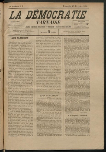Démocratie tarnaise (La), 21 décembre 1890