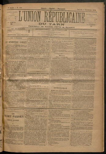 Union républicaine du Tarn (L’), 11 décembre 1886