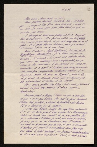 Lettre d'Antonin Perbosc à Louisa Paulin, le 21 septembre 1938