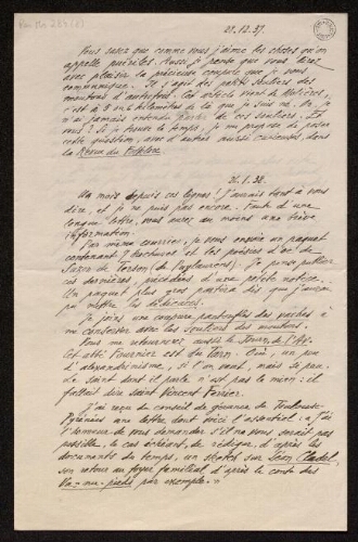 Lettre d'Antonin Perbosc à Louisa Paulin, le 28 décembre 1937 et 26 janvier 1938