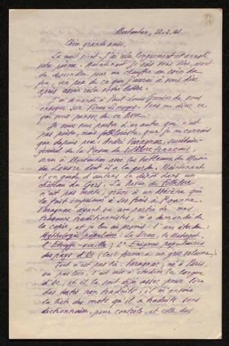 Lettre d'Antonin Perbosc à Louisa Paulin, le 22 février 1941