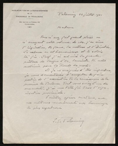 Lettre de S. de Palaminy à Louisa Paulin, le 22 juillet 1941