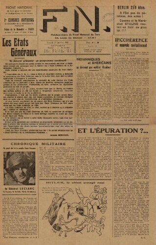 F.N. : hebdomadaire du Front national du Tarn, n°22, 27 janvier 1945