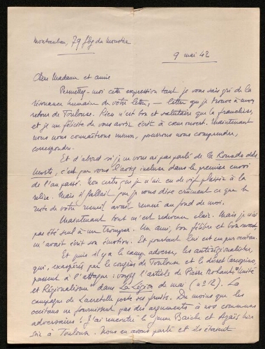Lettre d'André Varagnac à Louisa Paulin, le 9 mai 1942