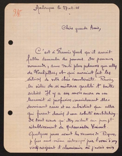 Lettre de René Rouquier à Louisa Paulin, le 27 avril 1941