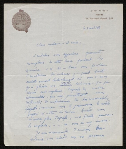 Lettre de Charles Bellet à Louisa Paulin, le 9 avril 1942