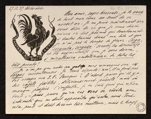 Lettre d'Antonin Perbosc à Louisa Paulin, le 27 décembre 1937