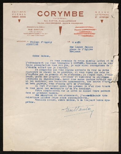 Lettre de Corymbe à Louisa Paulin, le 8 août 1939