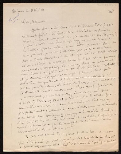 Lettre de Louisa Paulin à Charles Bellet, le 14 avril 1941